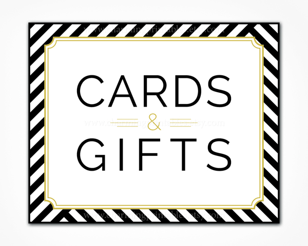 Printable Cards and Gifts Sign Black, White and Gold Striped
